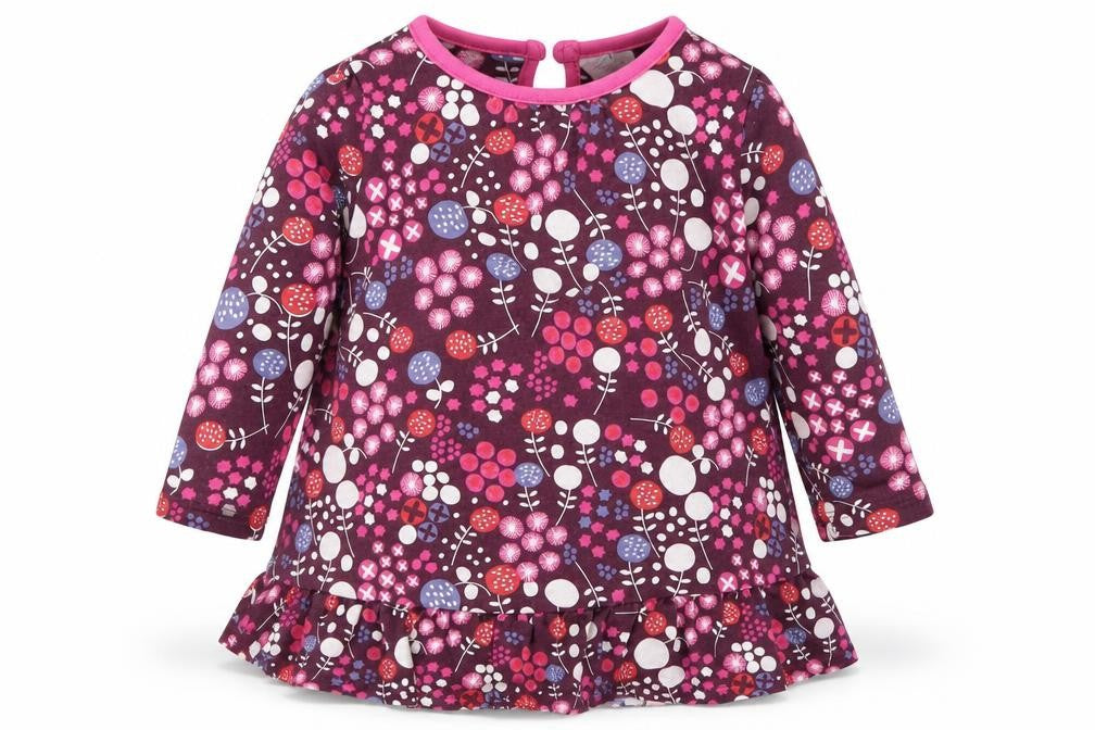 Front view of Mini Club girls’ purple geometric t-shirt dress, size 6-9, months