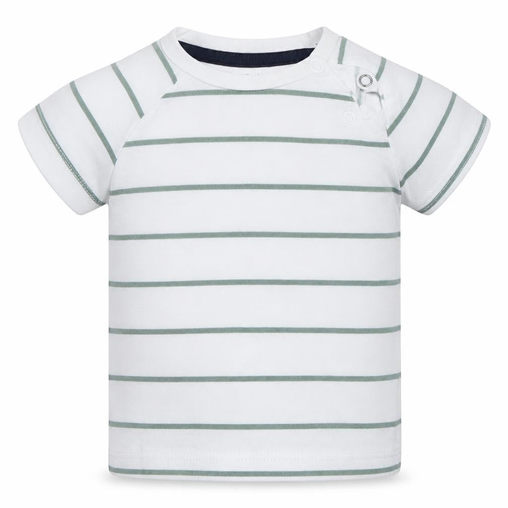 Front view of F&F boys’ white striped basic t-shirt, size 3-6, months - green stripes