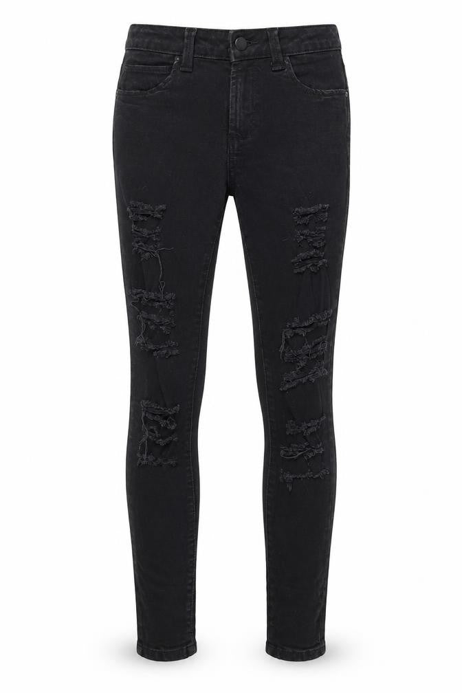 Front view of Denim & Co. women’s black denim skinny jeans, size UK 8, 28-inch leg