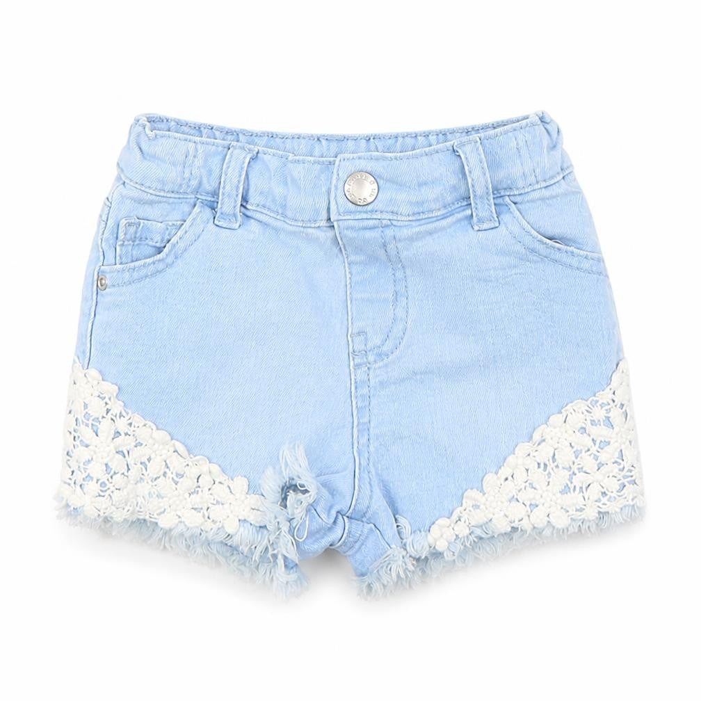 Front view of Primark girls’ blue denim capri trousers, size 9, months - shorts