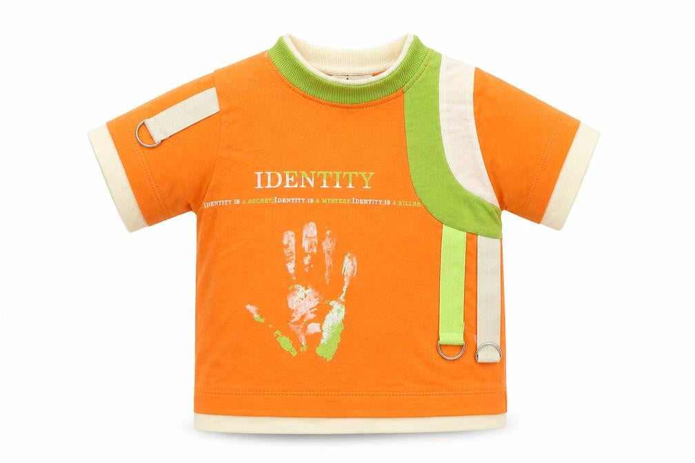 Front view of Baby Line boys’ orange houndstooth basic polo, size 9-12, months