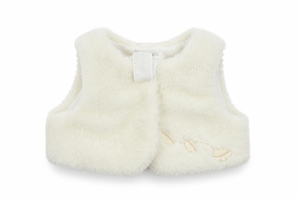 Front view of COCO girls’ white jacket, size 3-6, months