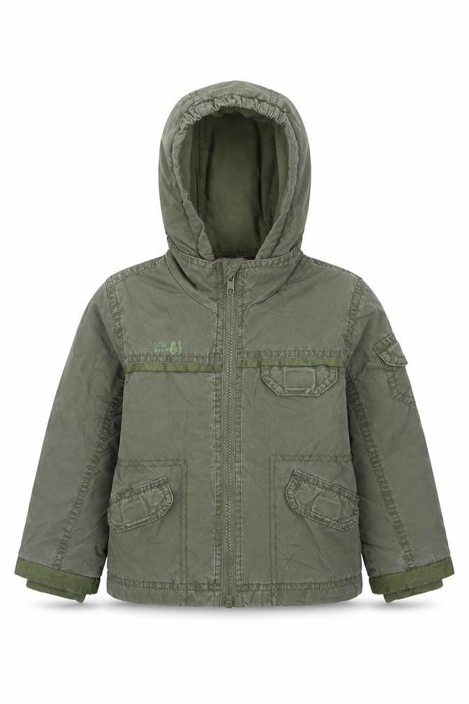 Front view of Mini Mode boys’ green basic coat coat, size 18-24, months