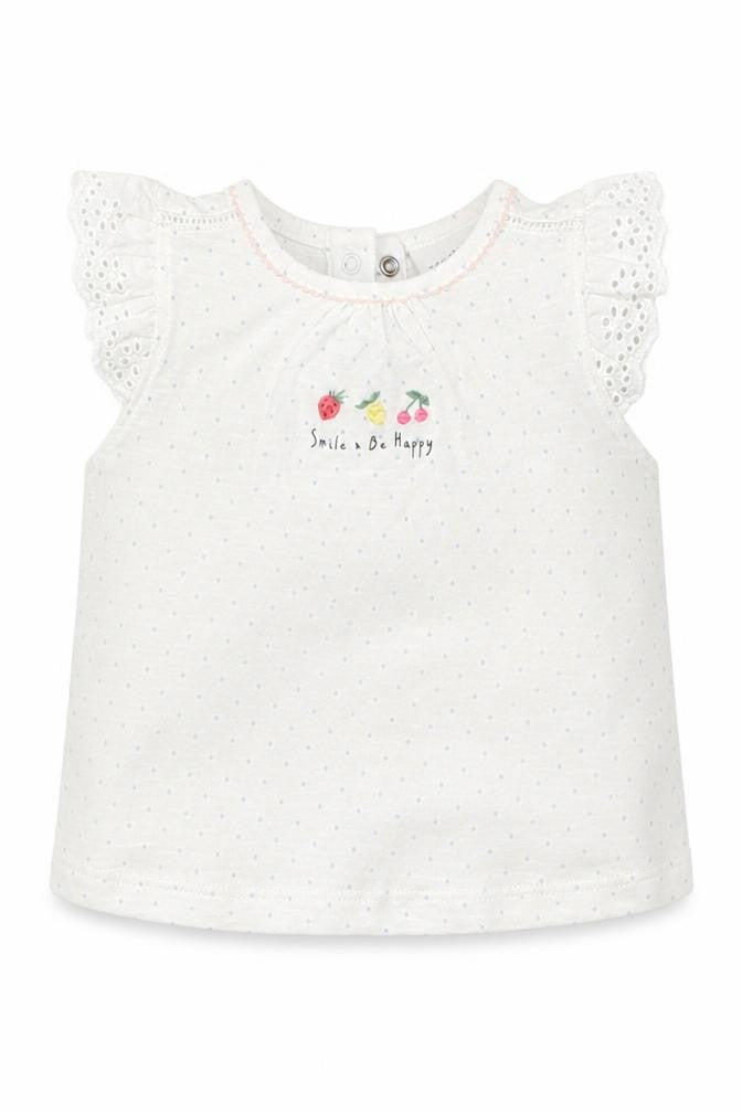 Front view of Next girls’ white polka dot basic t-shirt, size 0-3, months - smile & be happy