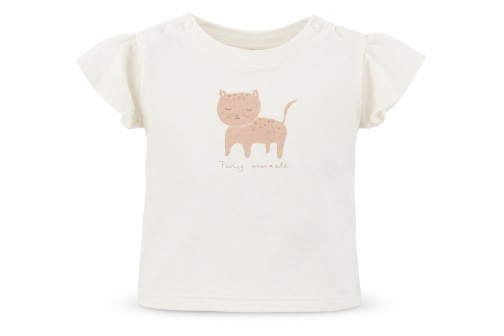 Front view of H&M girls’ white basic t-shirt, size 6-9, months - tiny miracle cat