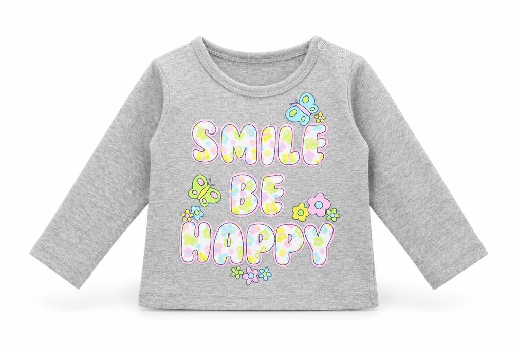 Front view of Aardvark Baby Grey Basic T-Shirt, size 3-6, Months - Smile Be Happy