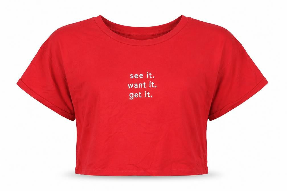 Front view of New Look girls’ red cropped t-shirt, size 10-11, years