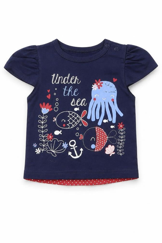 Front view of Lily & Jack girls’ blue animal print pullover blouse, size 6-9, months - under the sea