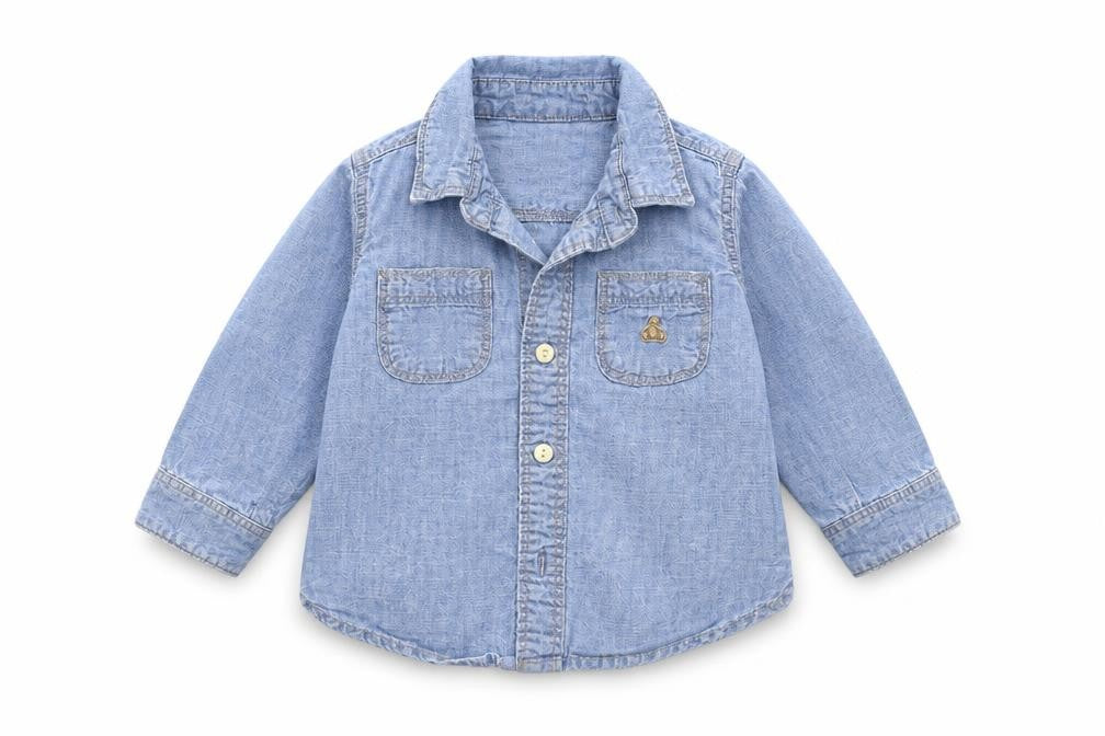 Front view of Gap Baby Blue Denim Basic Button-Up, size 12-18, Months