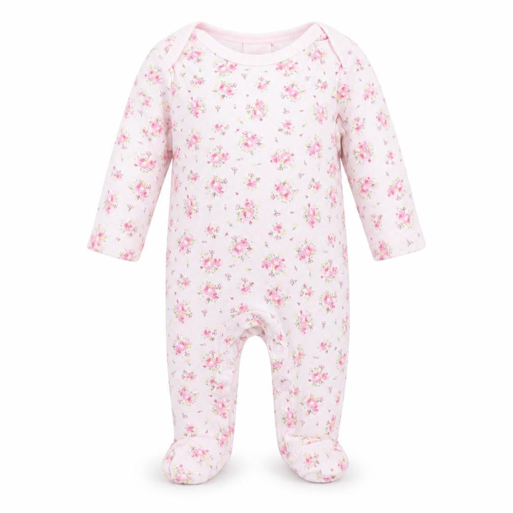 Front view of Bebe Bonito girls’ pink floral babygrow one-piece, size 3-6, months