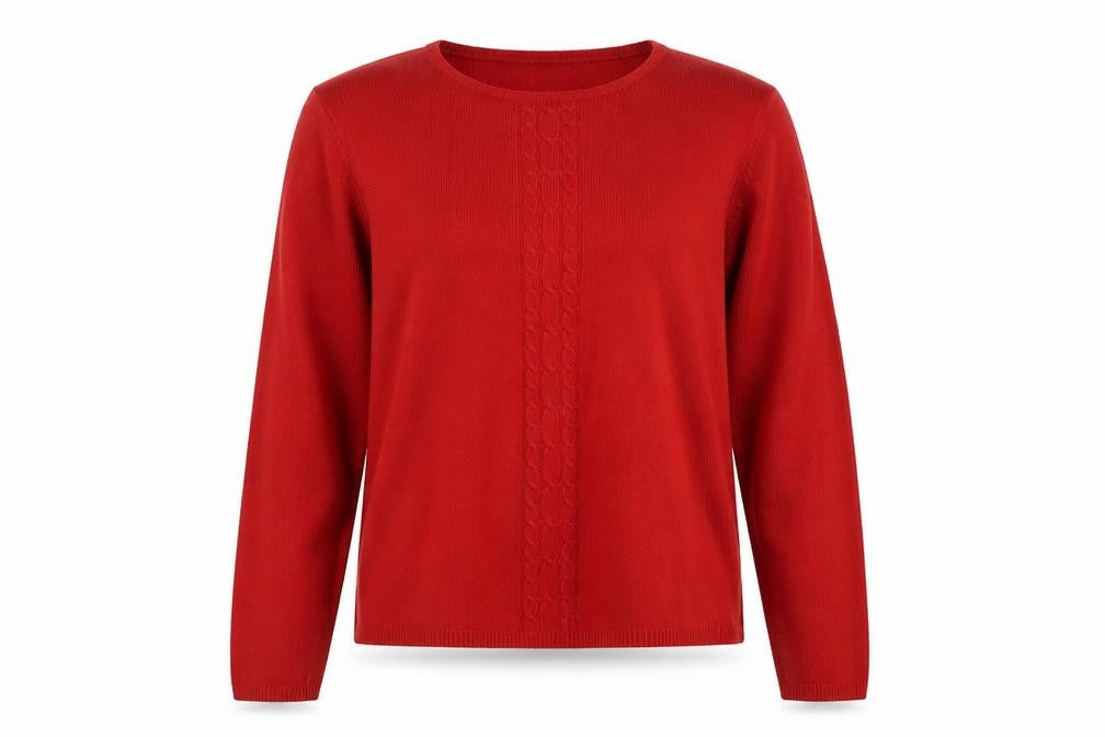 Front view of ALEXARA women’s red knit jumper, size L