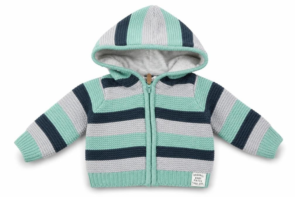 Front view of Pumpkin Patch boys’ green striped jacket, size 3-6, months