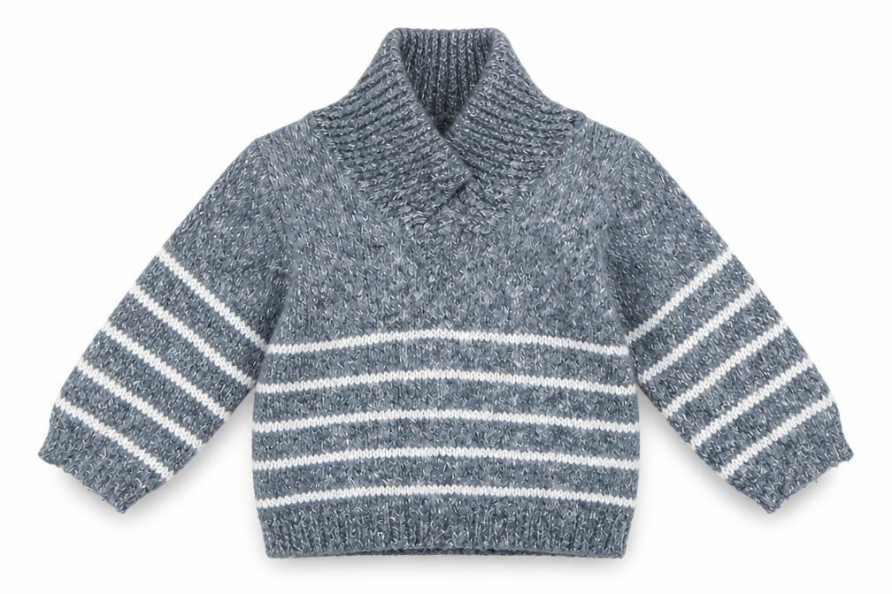 Front view of Early Days boys’ blue jumper, size 3-6, months