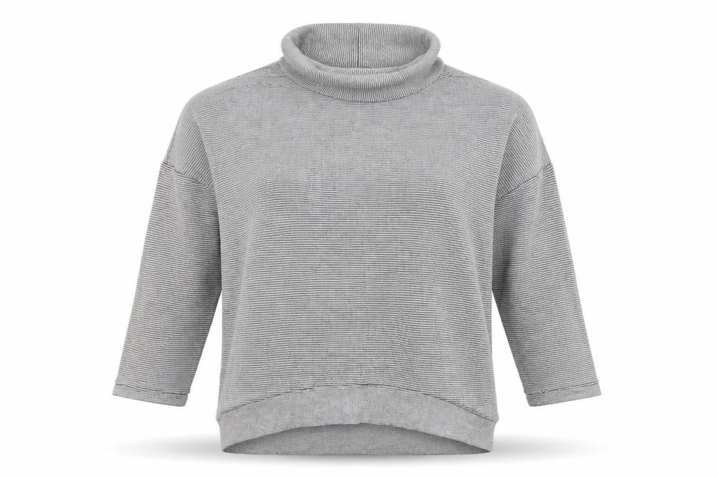 Front view of Atmosphere women’s grey striped jumper, size UK 8
