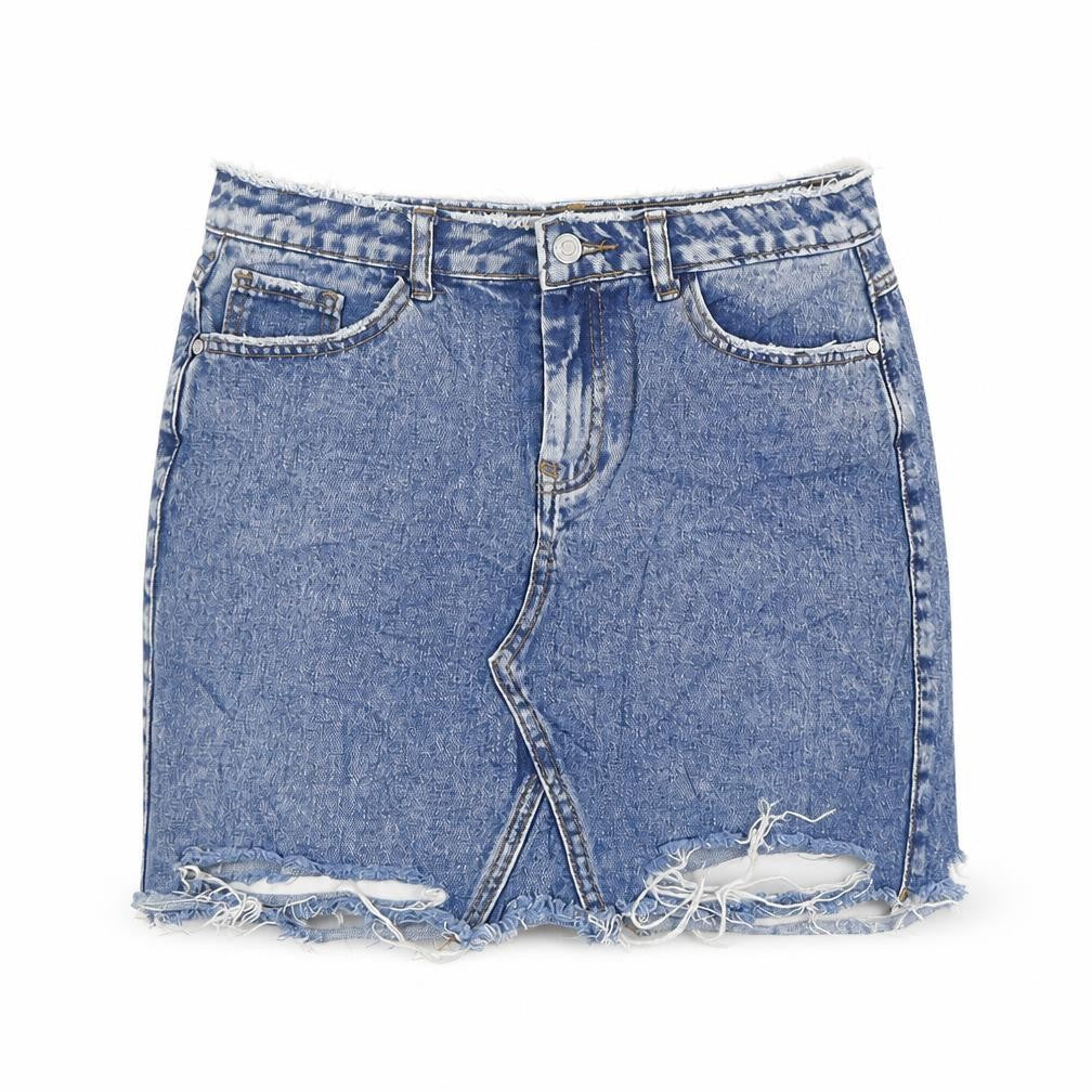 Front view of Missguided women’s blue a-line skirt, size UK 12
