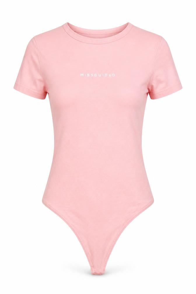 Front view of Missguided women’s pink bodysuit one-piece, size UK 4