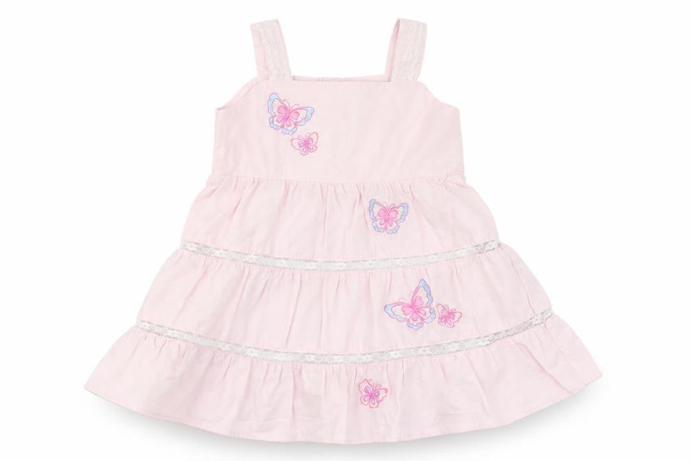 Front view of minibasix girls’ pink pinafore/dungaree dress, size 9-12, months