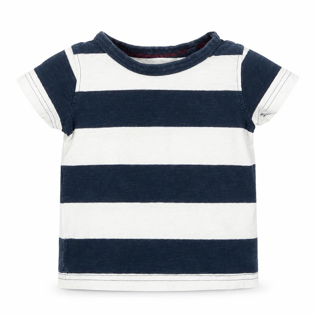 Front view of Next boys’ blue striped basic t-shirt, size 3-6, months