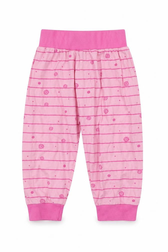 Front view of In the Night Garden girls’ pink floral jersey capri pyjama pants, size 18-24, months