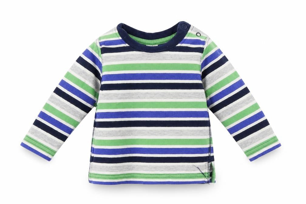 Front view of Mini Club boys’ grey striped basic t-shirt, size 3-6, months