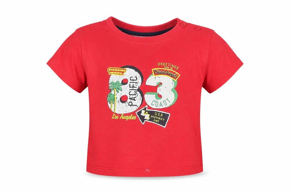 Front view of energino boys’ red basic t-shirt, size 12-18, months