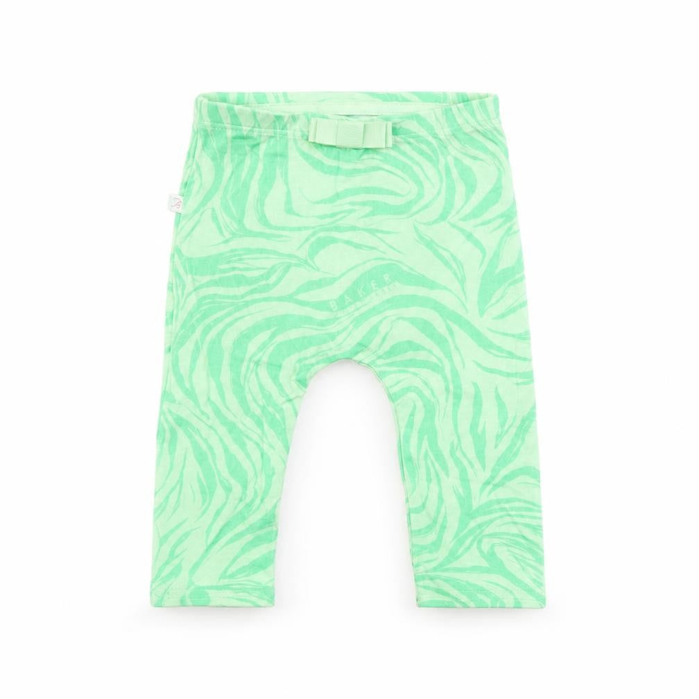 Front view of Baker girls’ green animal print capri leggings, size 6-9, months