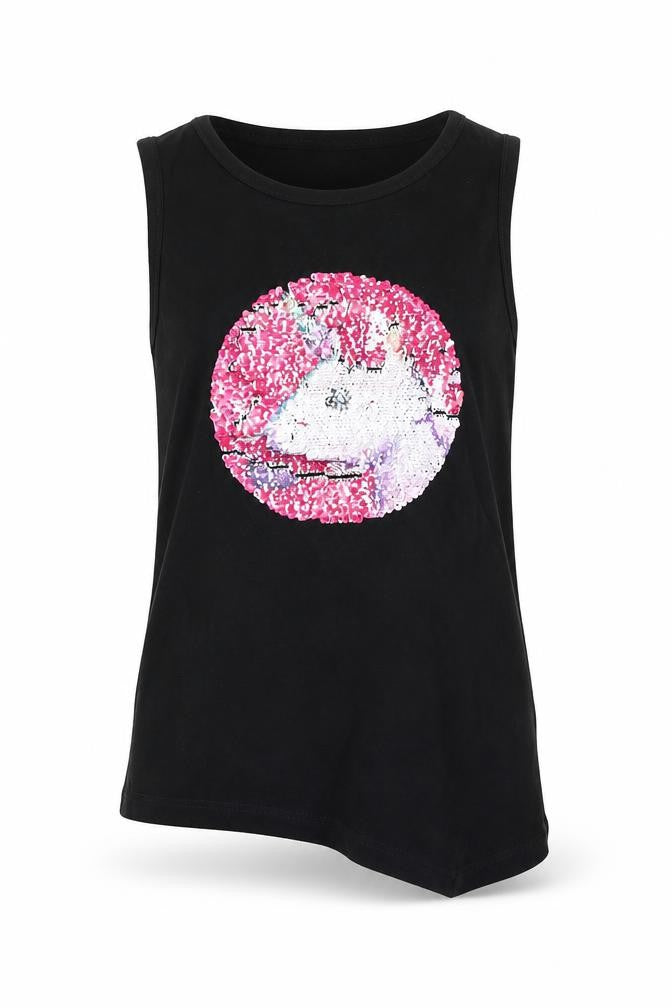 Front view of Bravado girls’ black basic tank, size 9, years - unicorn