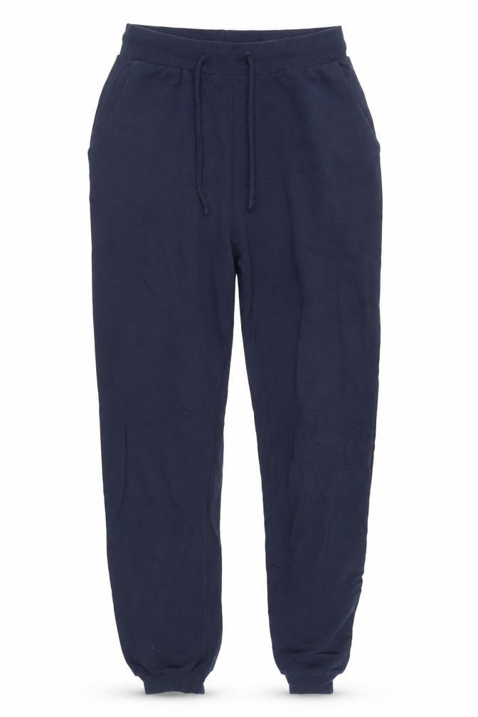 Front view of ASOS women’s blue sweatpants, size UK 6, 28-inch leg