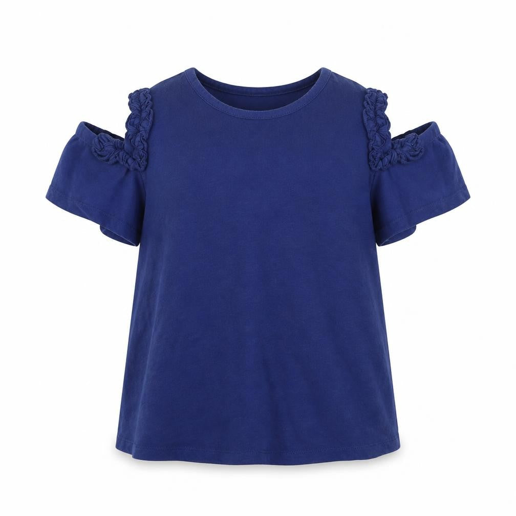 Front view of Very girls’ blue basic t-shirt, size 11, years - open shoulders