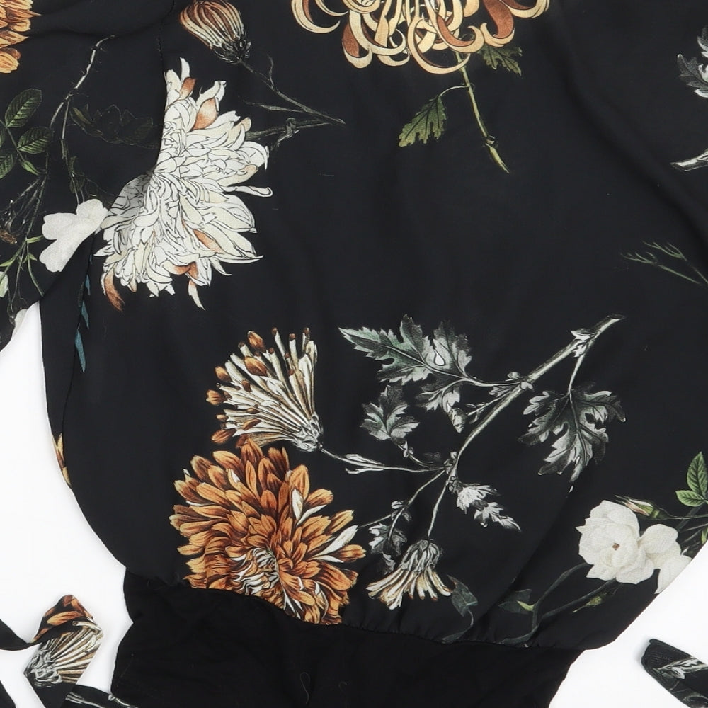 Boohoo Womens Black Floral  Bodysuit One-Piece Size 8
