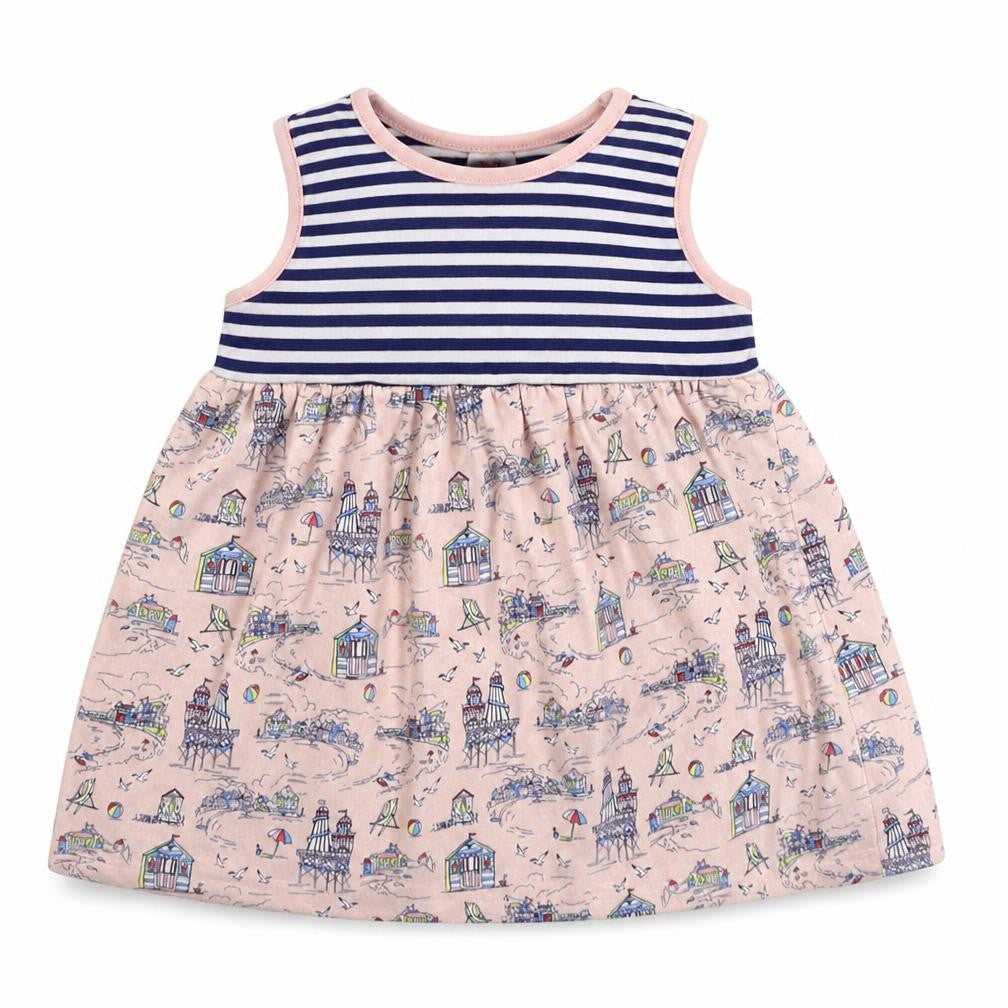 Front view of Mini Club girls’ multicoloured striped fit & flare, size 9-12, months