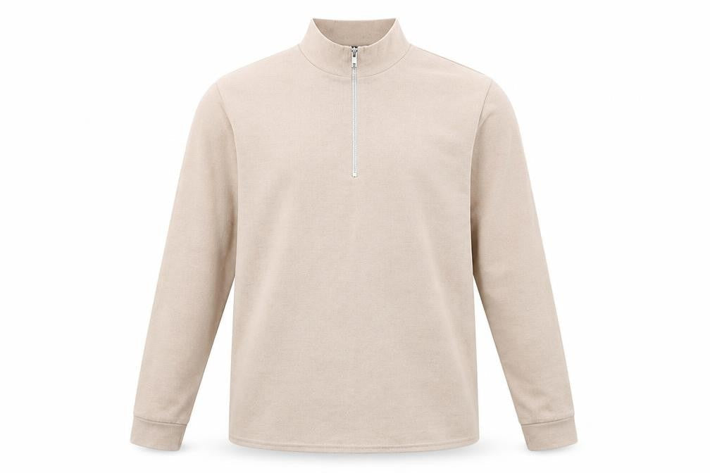 Front view of boohooMAN men’s beige pullover sweatshirt, size M