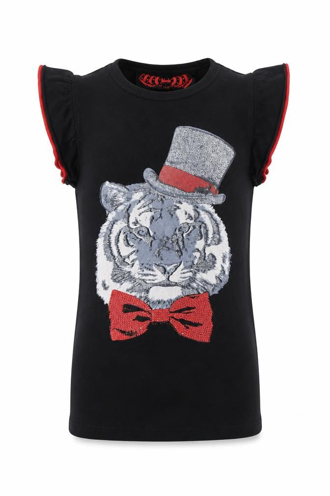Front view of YD girls’ black basic t-shirt, size 9-10, years - tiger