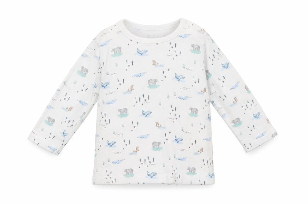 Front view of F&F girls’ white animal print basic t-shirt, size 0-3, months - bears, whales, seals