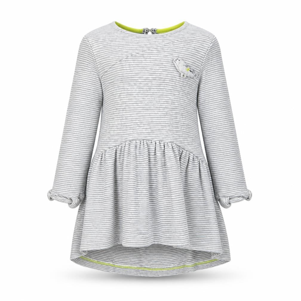 Front view of Mini Club girls’ grey striped t-shirt dress, size 18-24, months