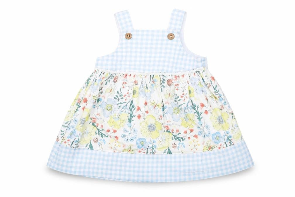 Front view of Nutmeg girls’ floral pinafore/dungaree dress, size 3-6, months