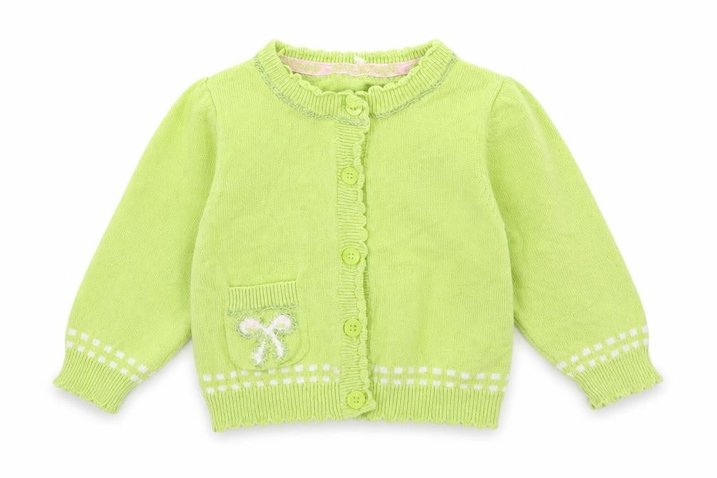 Front view of Marks & Spencer girls’ green knit cardigan jumper, size 3-6, months