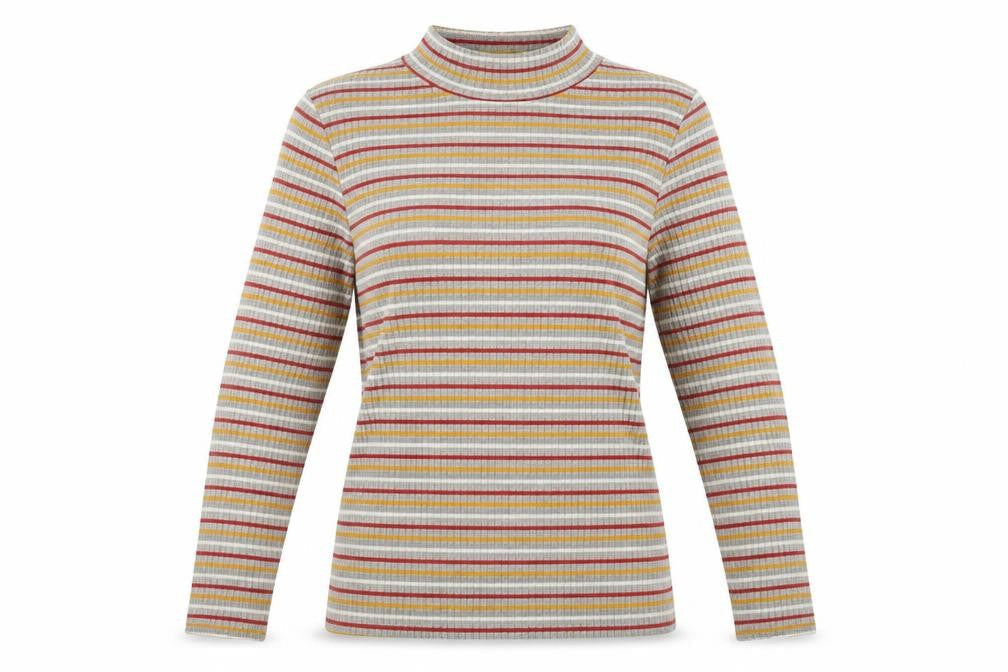 Front view of Papaya women’s grey striped jumper, size UK 14