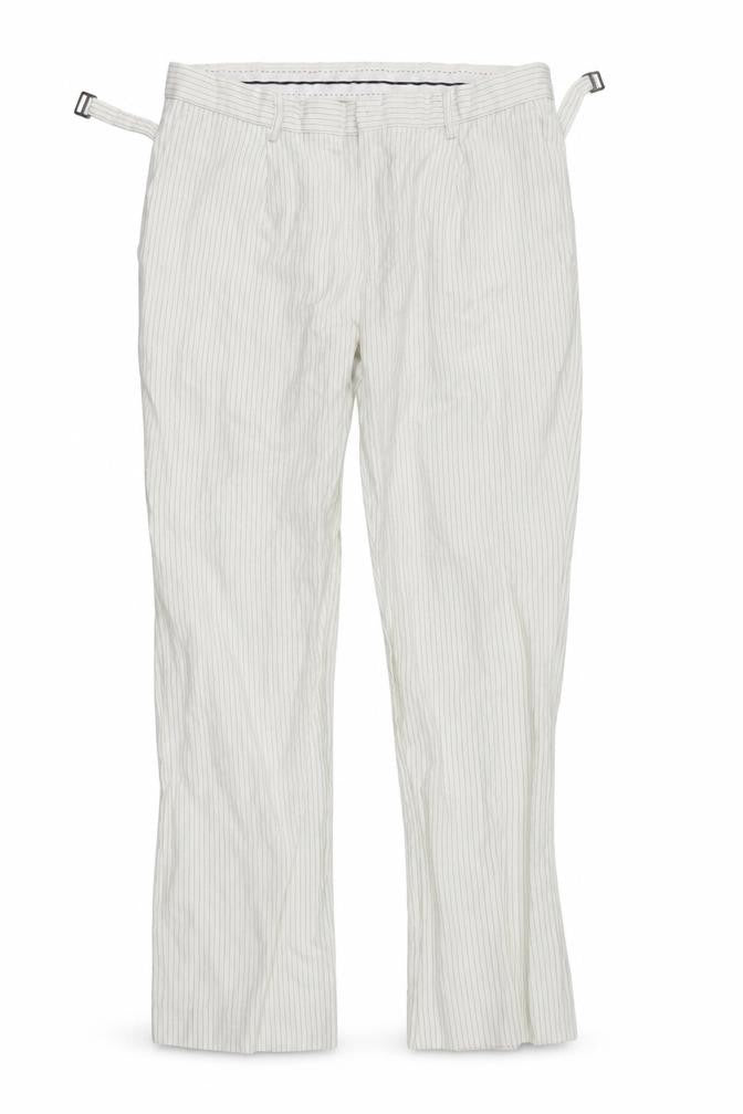 Front view of Denim & Co. women’s white striped trousers, size UK 33, in, 29-inch leg