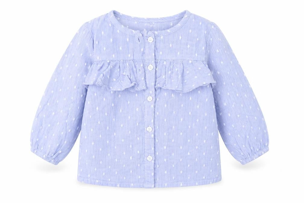 Front view of Pep&Co girls’ blue polka dot basic button-up, size 18-24, months