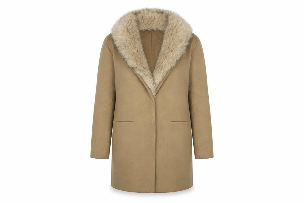 Front view of Atmosphere women’s beige overcoat coat, size UK 6, - fur collar