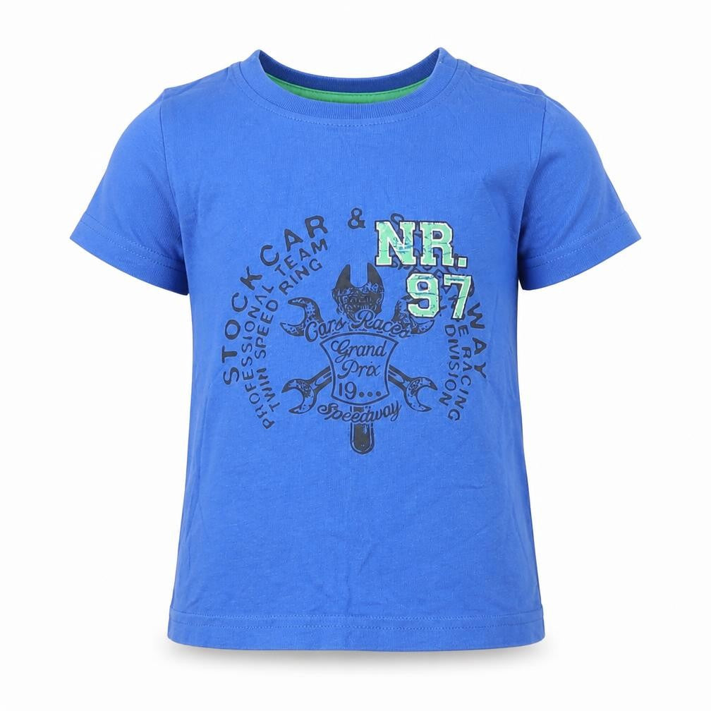 Front view of Avenue boys’ blue basic t-shirt, size 12-18, months