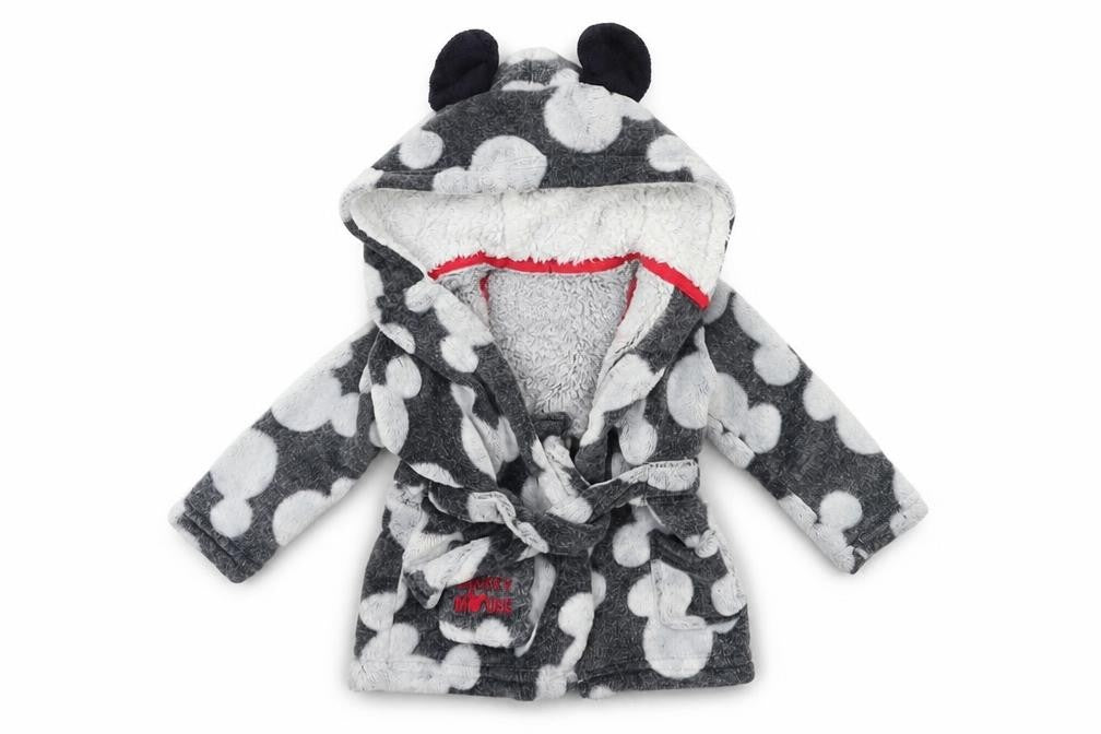 Front view of Disney Baby Grey Polka Dot Fleece Kimono Gown, size 6-9, Months