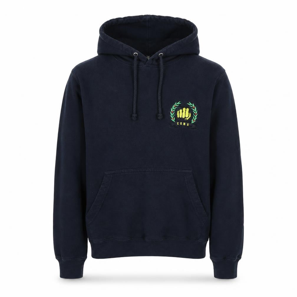 Front view of Awdis boys’ blue pullover hoodie, size 12-13, years