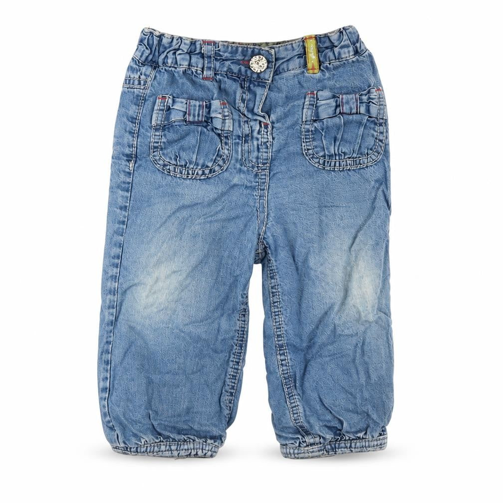 Front view of Marks & Spencer girls’ blue cargo trousers, size 9-12, months