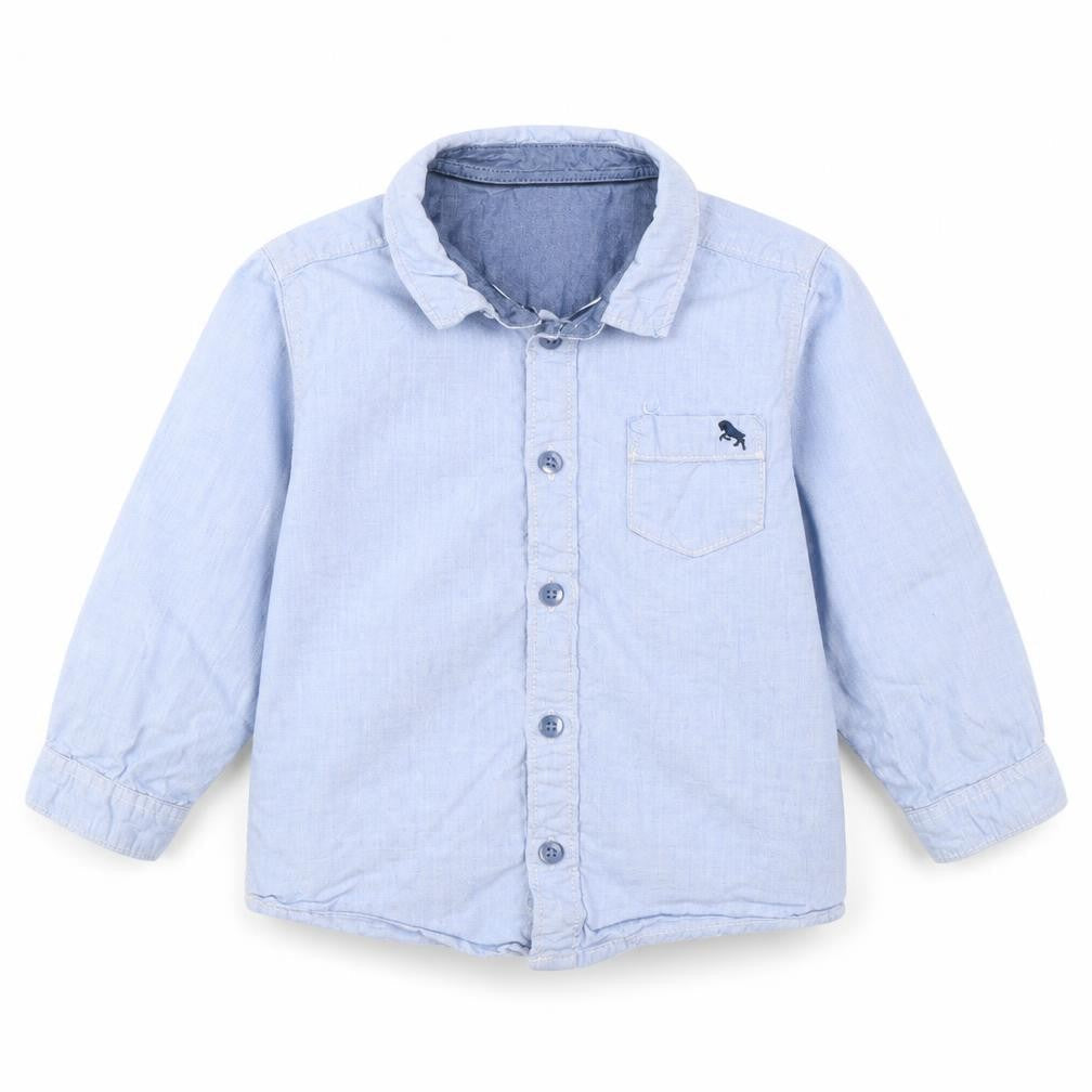 Front view of H&M boys’ blue basic button-up, size 12, months