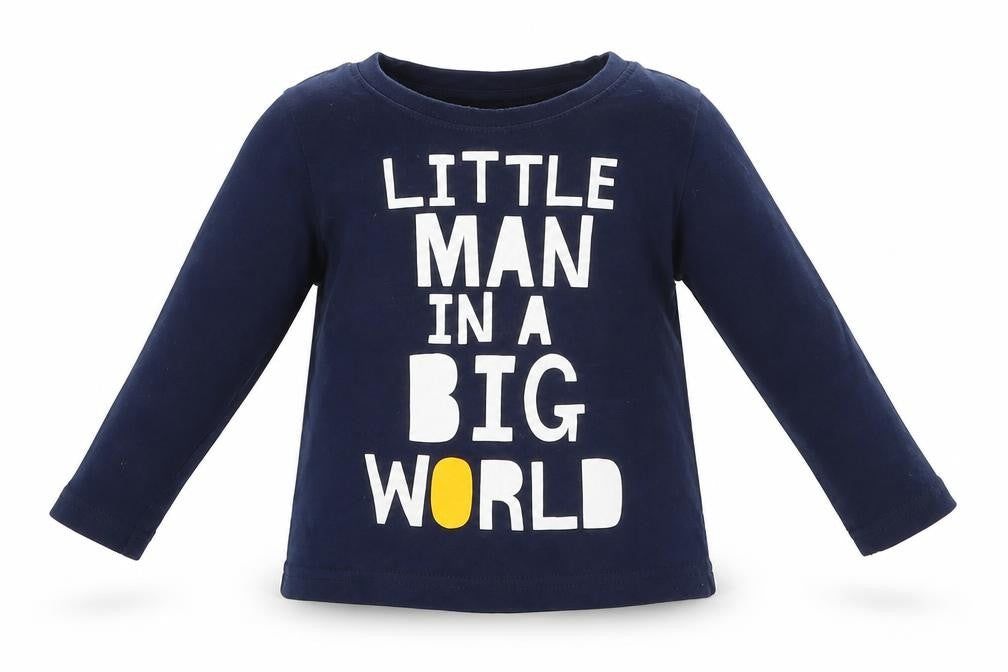 Front view of Nutmeg Baby Blue Basic T-Shirt, size 12-18, Months - Little man in a big world