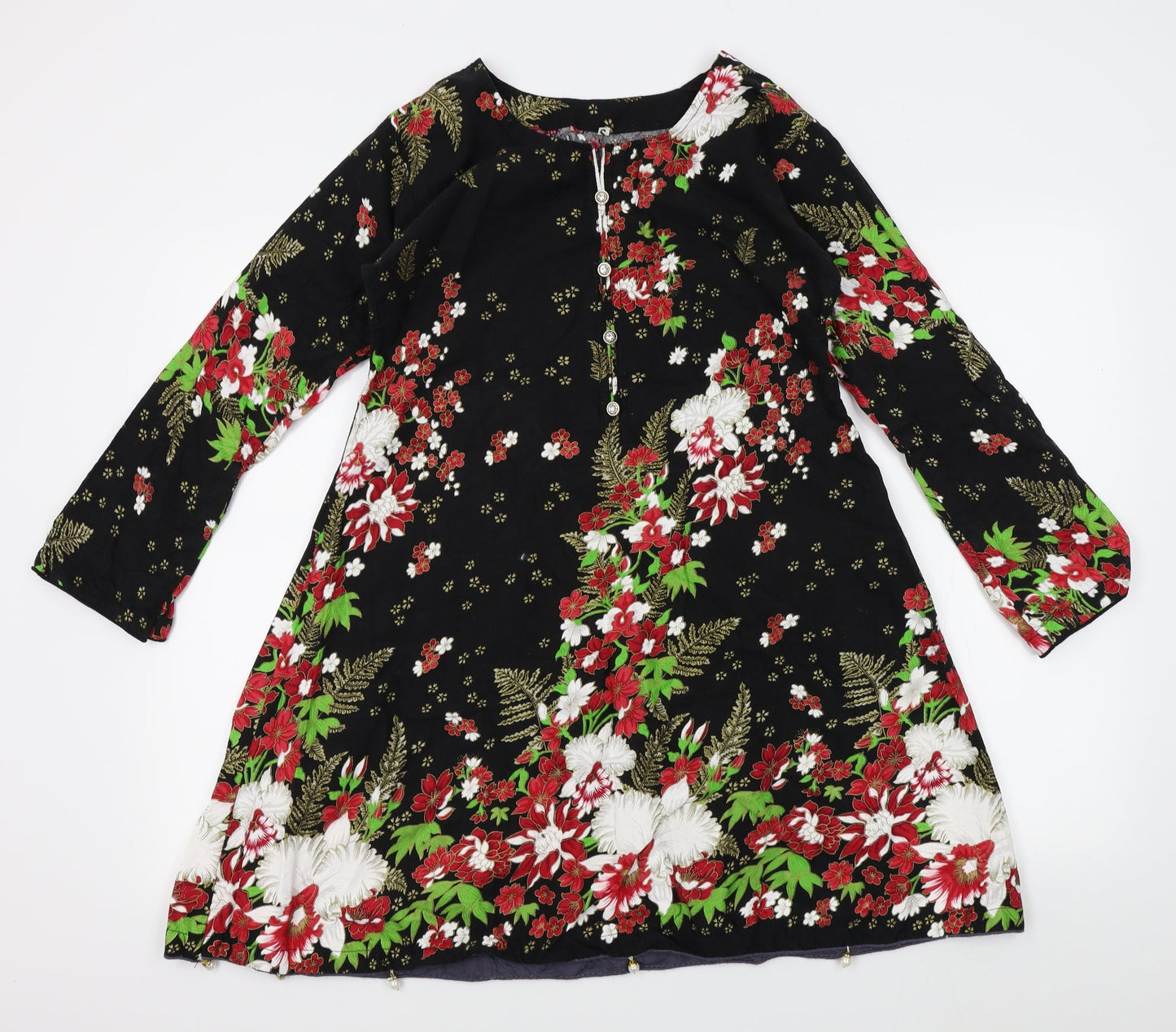 Preworn Womens Black Floral  A-Line  Size S  - beads on hem