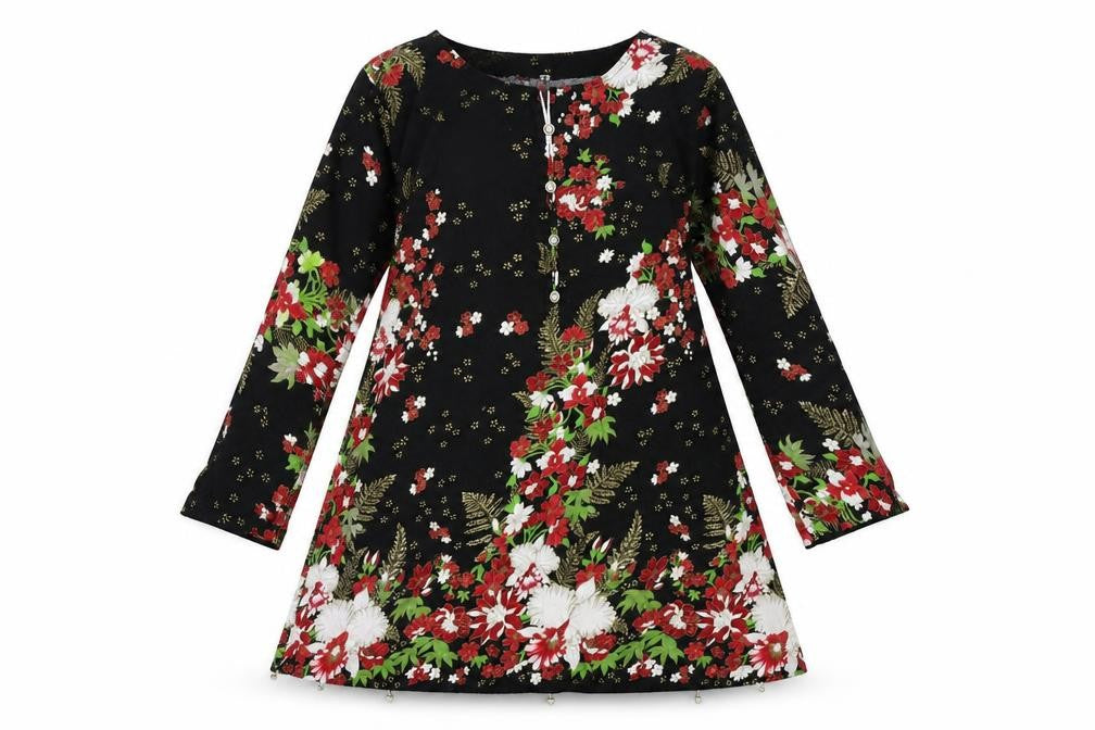 Preworn Womens Black Floral  A-Line  Size S  - beads on hem