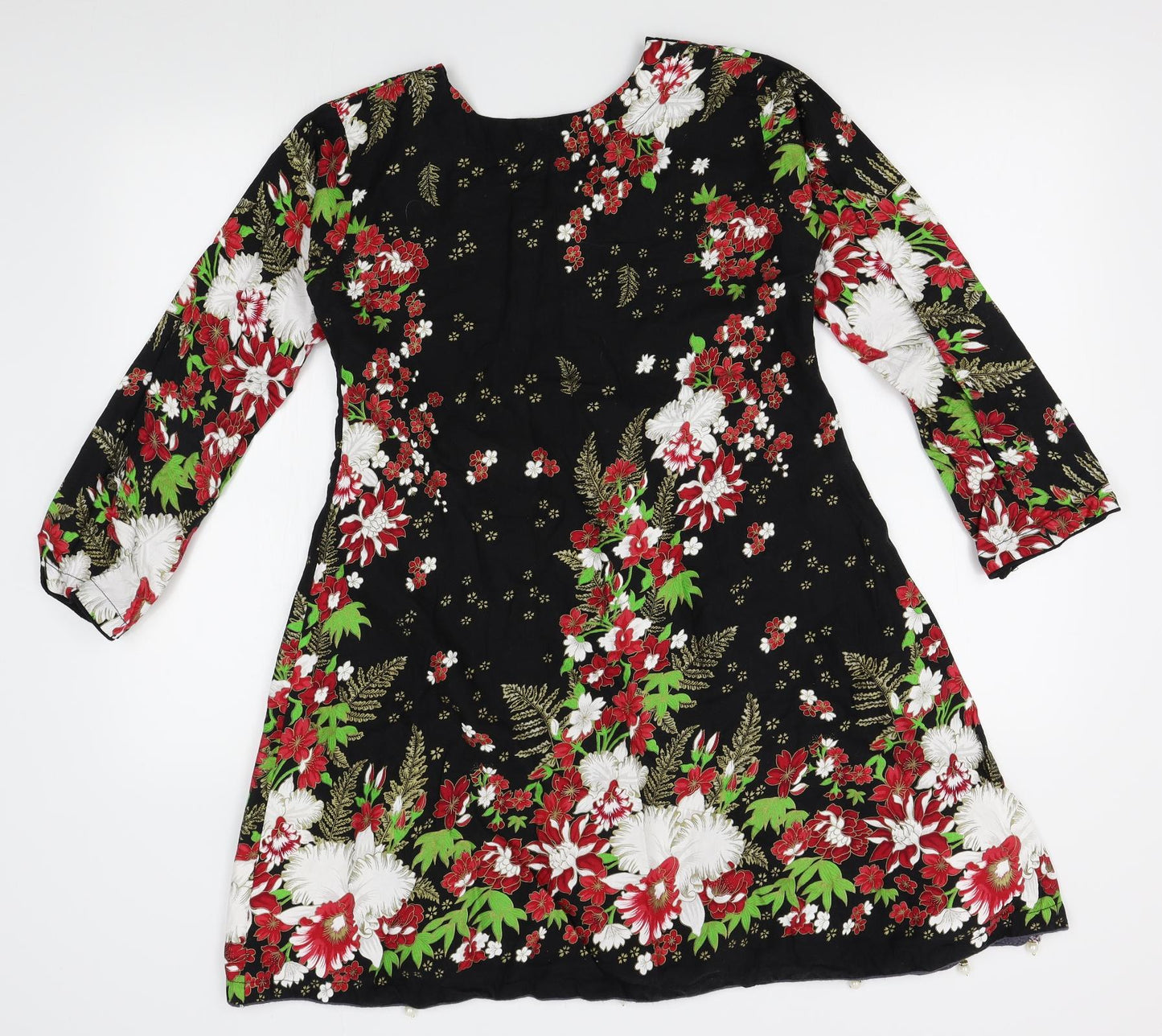 Preworn Womens Black Floral  A-Line  Size S  - beads on hem